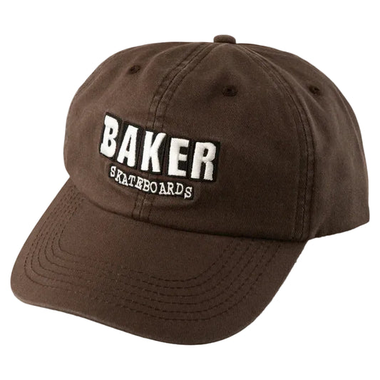 A brown washed cotton baseball cap with 'BAKER SKATEBOARDS' embroidered on the front, shown on a light gray background.