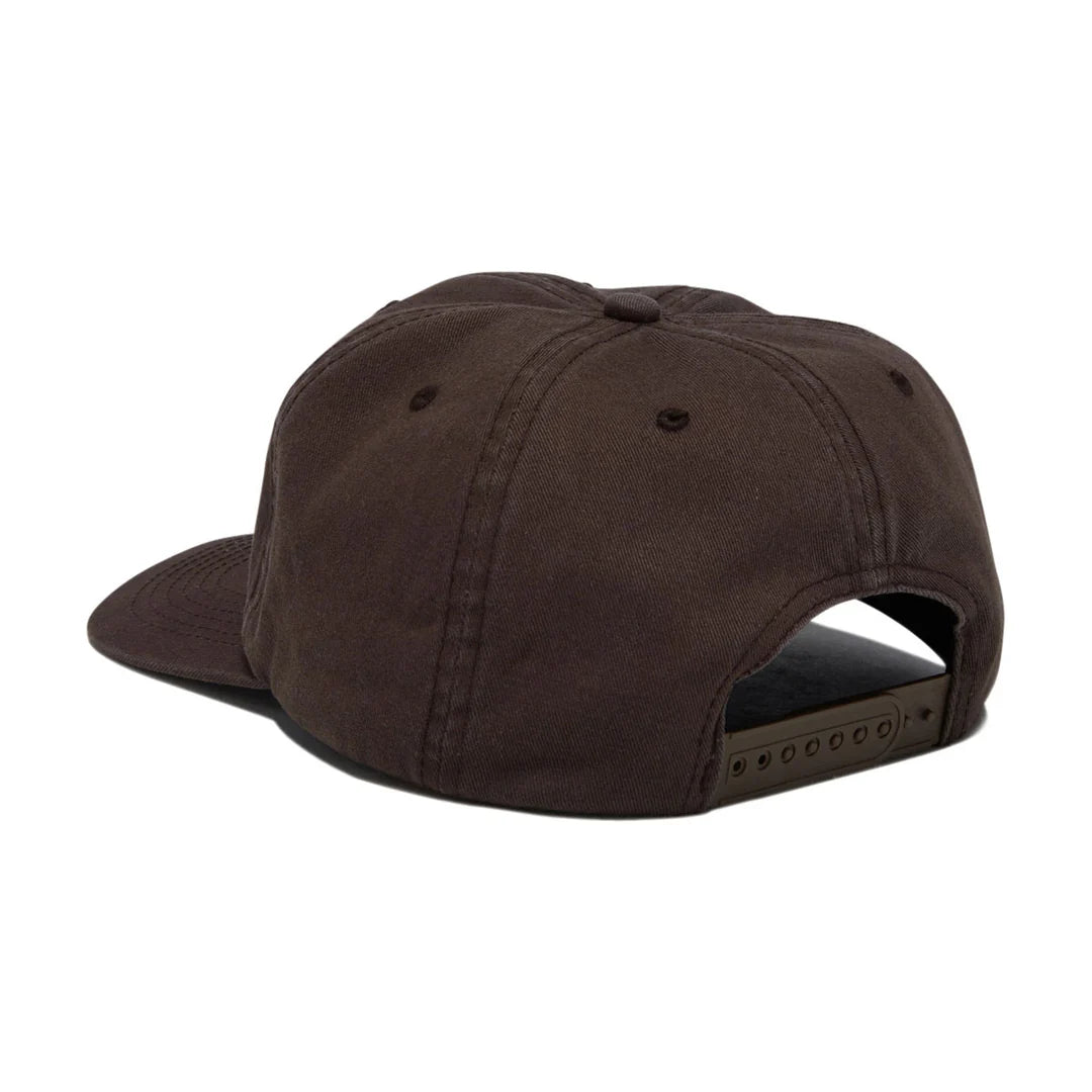 A dark brown flat-brim snapback cap shown from a rear three-quarter angle on a plain white background.