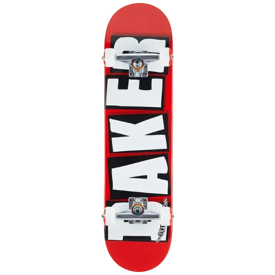 Skateboard deck with 'Takes' branding on a red background