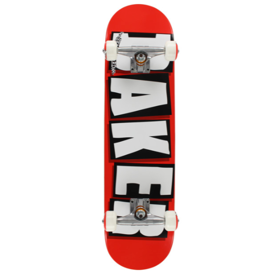 A red and black Baker skateboard deck with the brand logo in white and the name 'Baker' in black on the deck.