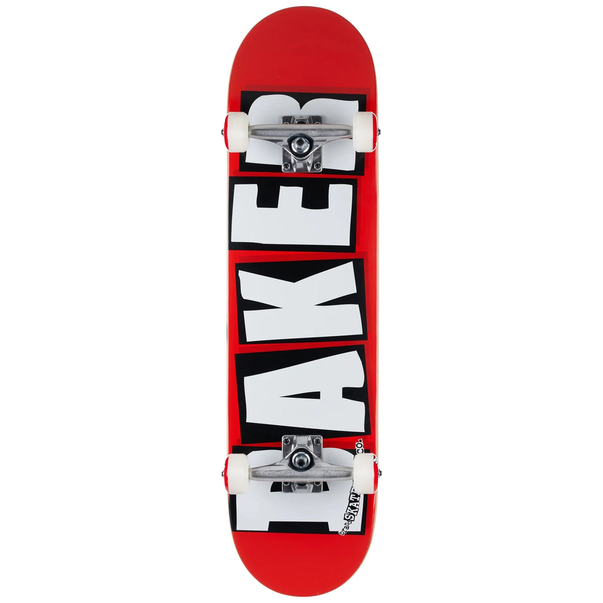 A red skateboard deck featuring the word 'baker' in large white letters outlined in black, with white wheels and silver trucks, shown against a plain white background.