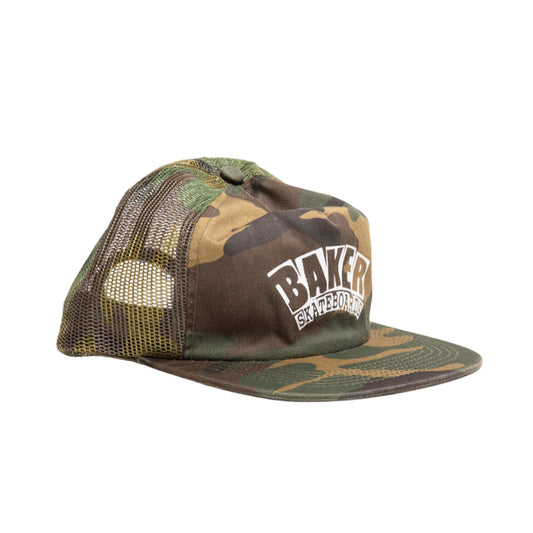 Camouflage cap with mesh back and 'Baker' logo on a white background
