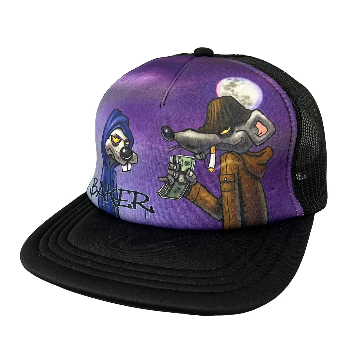 A black and purple trucker hat featuring a detailed cartoon graphic of a rat in a brown trench coat holding cash and a cigarette, next to a blue hooded figure, with a moon in the background.