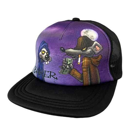 A black and purple trucker hat featuring a detailed cartoon graphic of a rat in a brown trench coat holding cash and a cigarette, next to a blue hooded figure, with a moon in the background.
