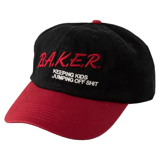 A black and red baseball cap
