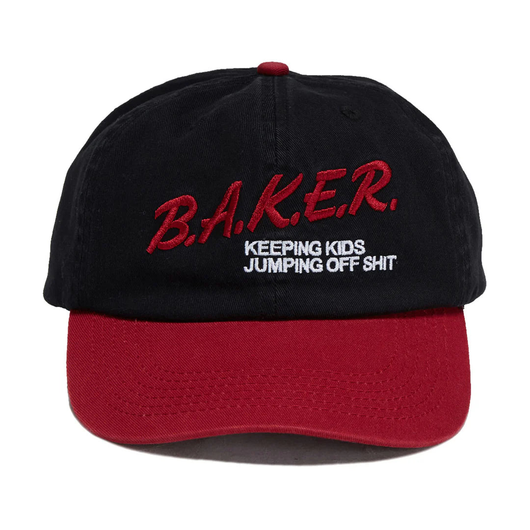 A black and red baseball cap with embroidered text on the front. The top of the crown is black, the brim is red, and the front features red and white embroidery reading 'B.