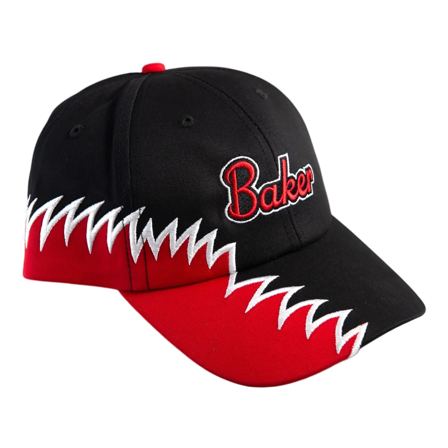 Black and red cap with white accents on a light gray background