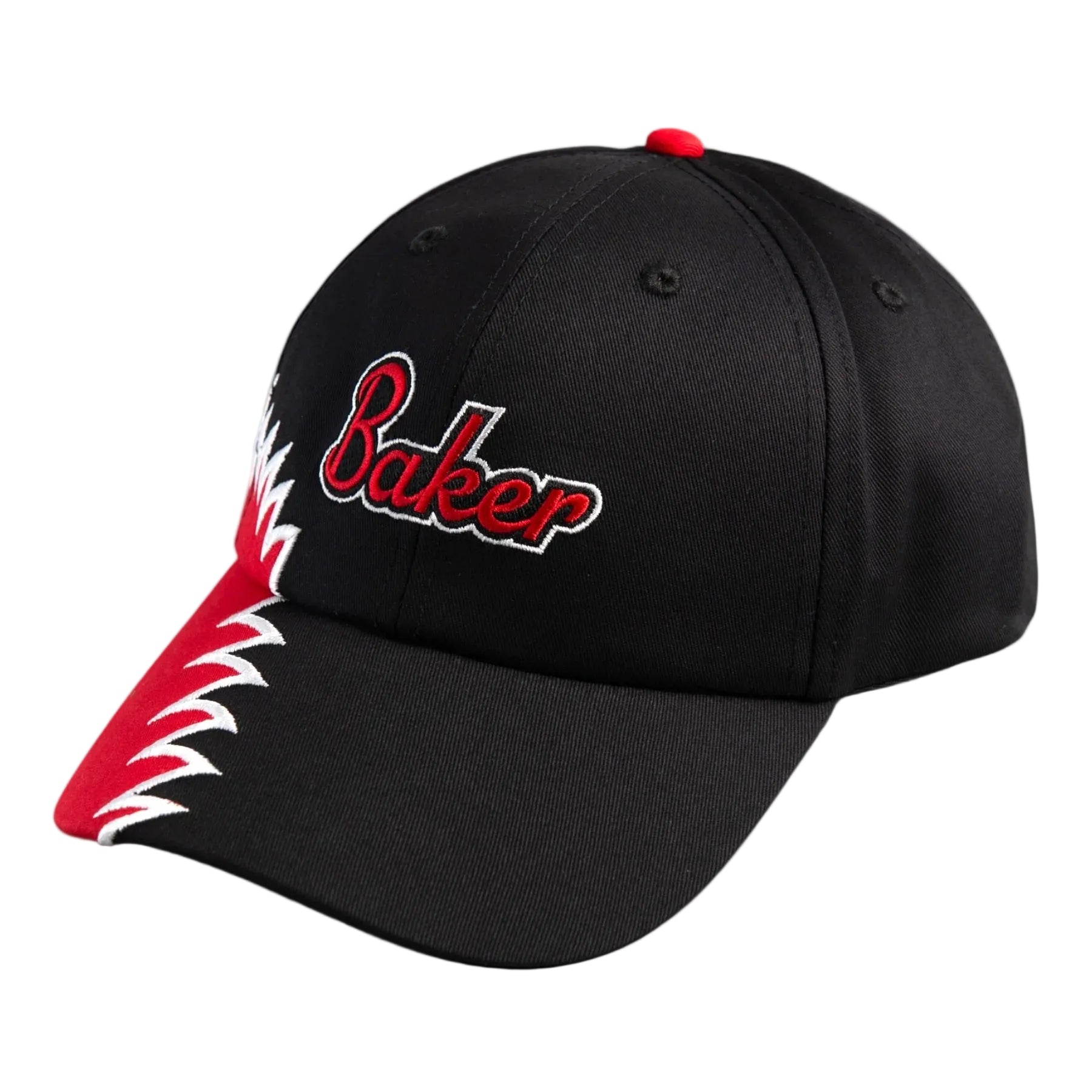Black cap with red and white design on a light gray background