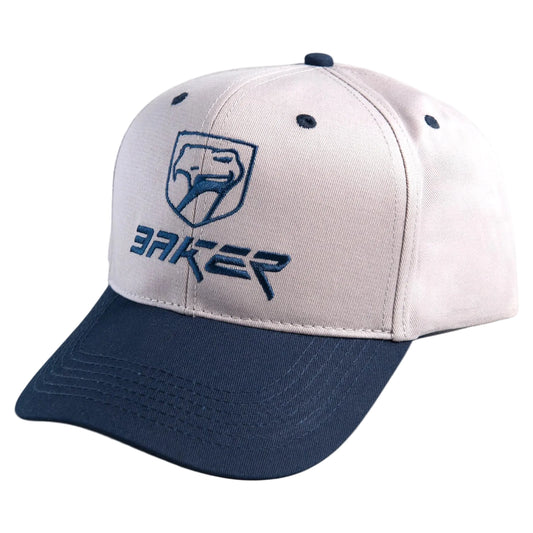 Gray and navy cap with 'Baker' logo on a light gray background