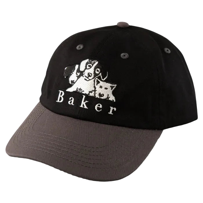 A black baseball cap with a dark brown curved brim, featuring a white embroidered graphic of a dog, cat, and the word 'Baker' on the front.