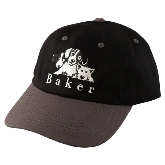 A black baseball cap with a dark brown curved brim, featuring a white embroidered graphic of a dog, cat, and the word 'Baker' on the front.