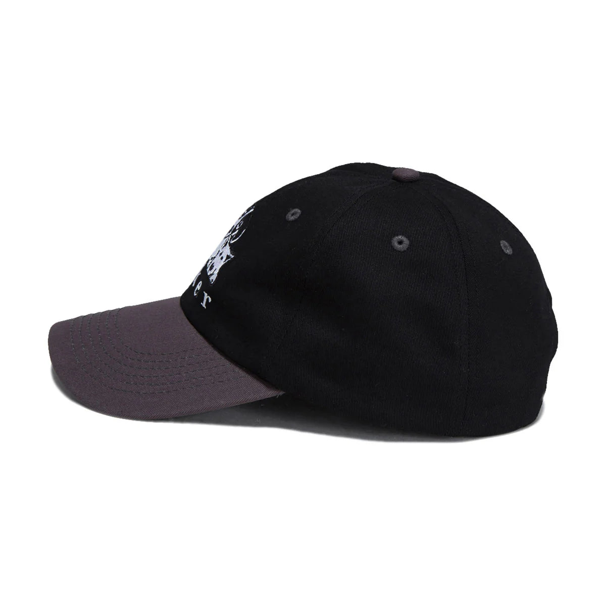 A black baseball cap with a dark gray visor and a small white graphic on the side, shown against a plain white background.
