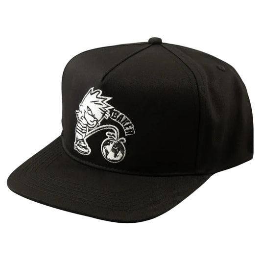 Black cap with white logo on a light gray background