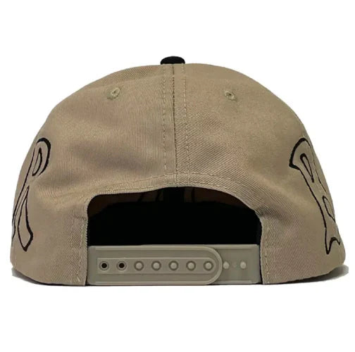 Beige cap with black designs on a white background
