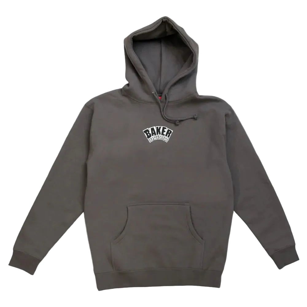 Gray hoodie with a brand logo on a white background