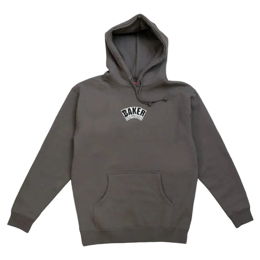 Gray hoodie with a brand logo on a white background