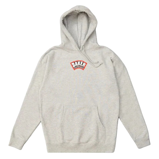 A light heather gray pullover hoodie with a red and white 'Baked Ingredients' chest logo, displayed flat against a light gray background.