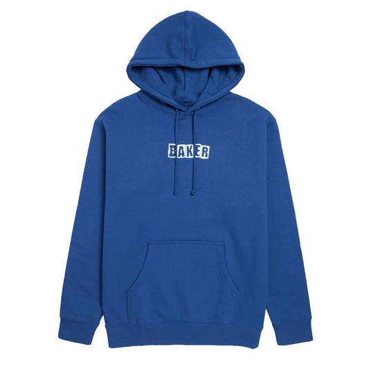 Blue hoodie with 'Baker' logo on a white background