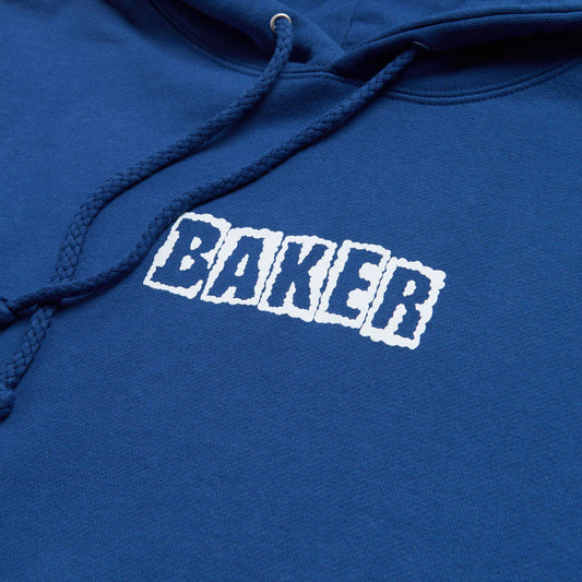Blue hoodie with 'BAKER' text on a plain background