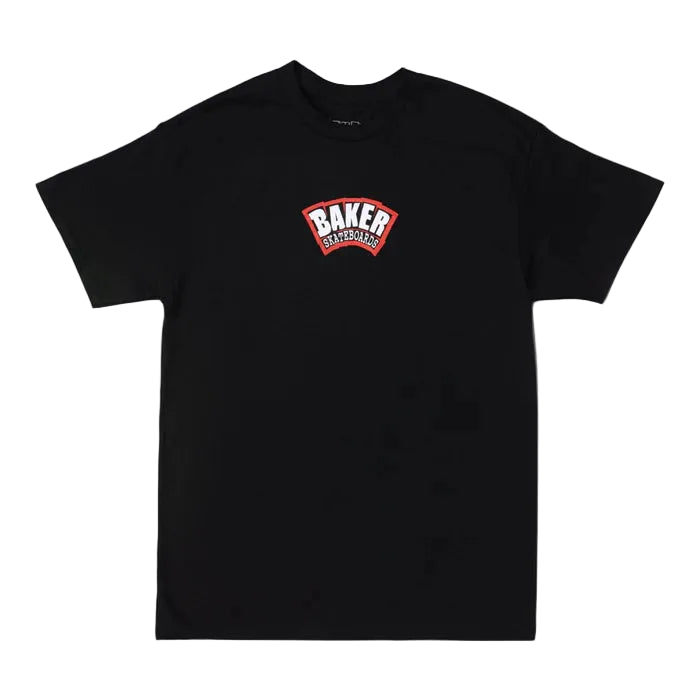 A black short-sleeve crewneck t-shirt featuring a red and white 'BAKER GARAGE' chest graphic, displayed flat against a light gray background.