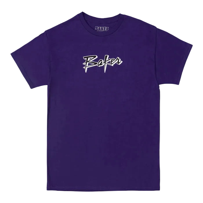 A purple short-sleeve crewneck t-shirt featuring a stylized white 'Bakers' logo printed across the chest, displayed flat against a light gray background.