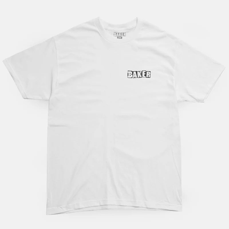 White t-shirt with 'Baker' logo on a white background