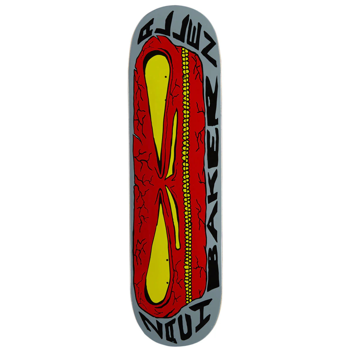 A skateboard deck featuring a bold graphic design with a large red and yellow stylized '8' in the center, surrounded by a gray border with the words 'ZMIT' and 'BAKER' in black stylized lettering.