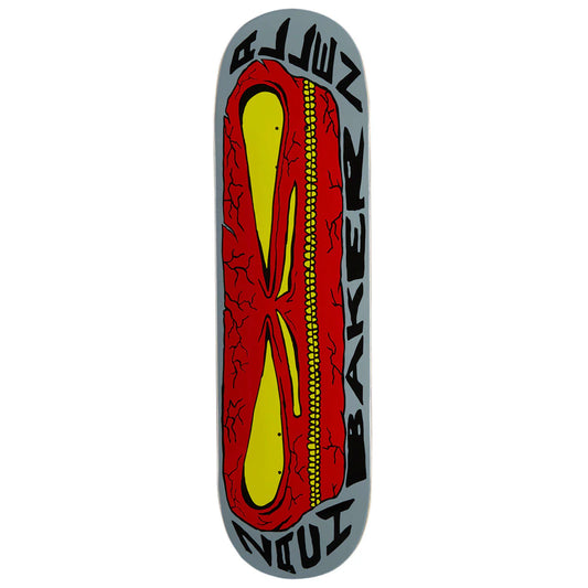 A skateboard deck featuring a bold graphic design with a large red and yellow stylized '8' in the center, surrounded by a gray border with the words 'ZMIT' and 'BAKER' in black stylized lettering.