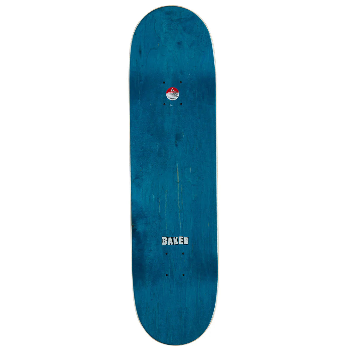 A blue wooden skateboard deck with a weathered texture, featuring the white 'BAKER' brand logo near the bottom and a small red and white logo near the top, shown against a plain white background.