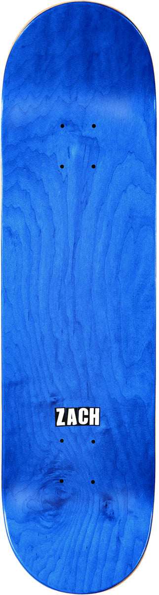 Blue skateboard deck with 'ZACH' branding on a white background