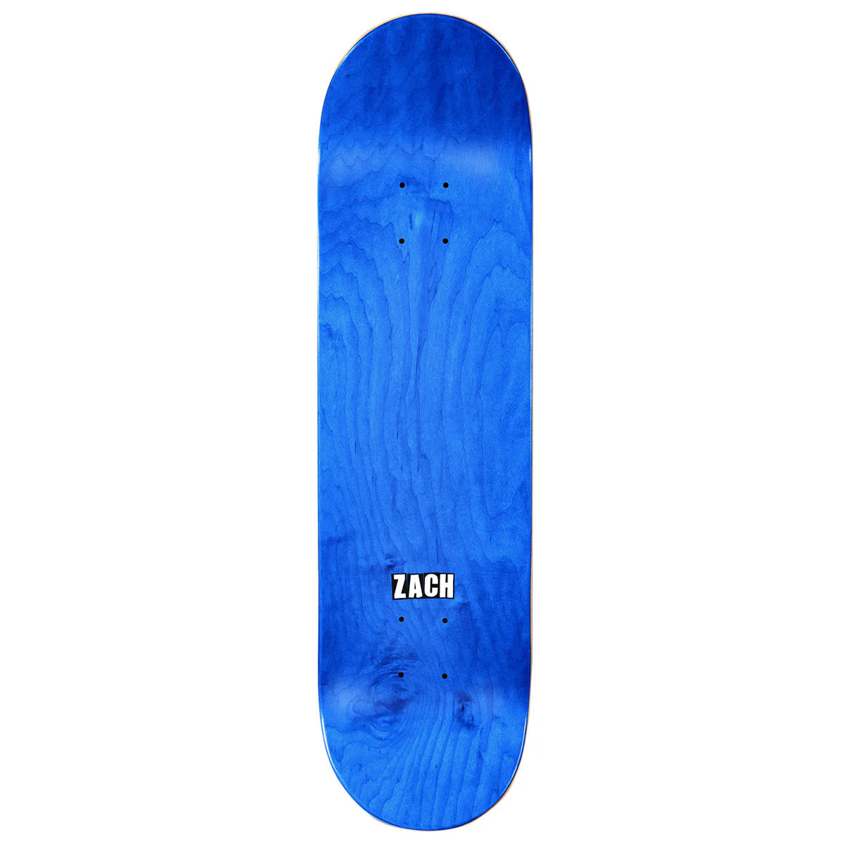 Blue skateboard deck with 'ZACH' branding on a white background