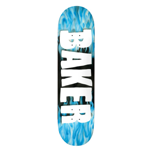 Skateboard deck with blue tie-dye pattern and 'BAKER' branding on a white background