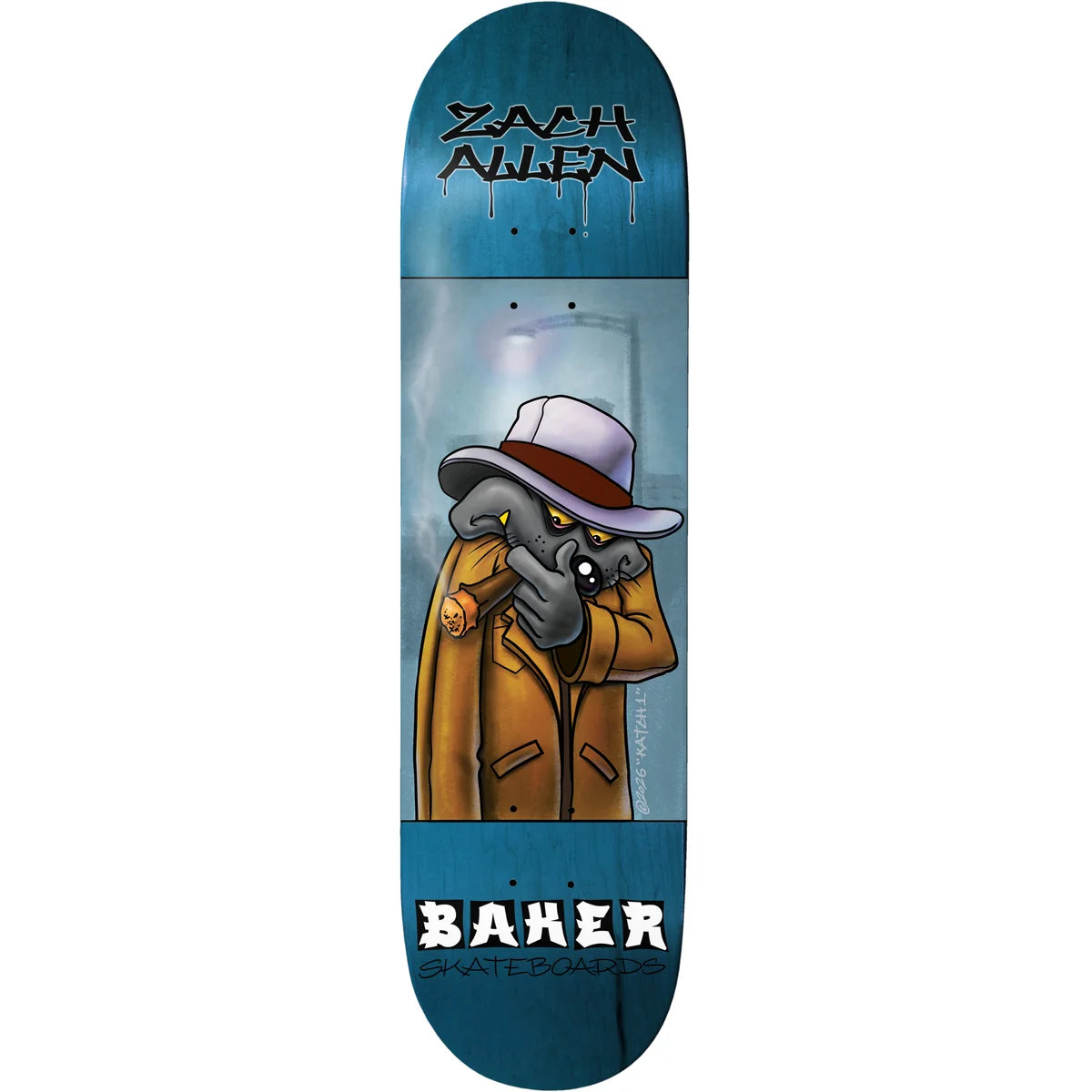A skateboard deck shown vertically against a plain white background. The deck features a blue top and bottom section with a central illustration of a gray cartoon character wearing a tan trench coat and a white hat with a brown bandana.