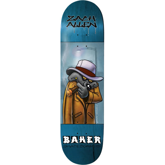A skateboard deck shown vertically against a plain white background. The deck features a blue top and bottom section with a central illustration of a gray cartoon character wearing a tan trench coat and a white hat with a brown bandana.