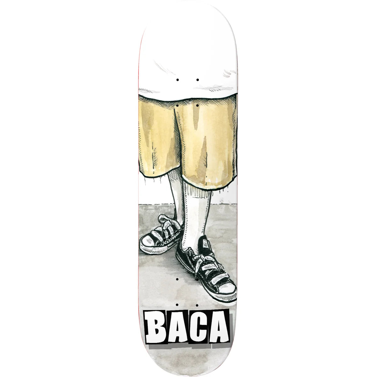 A skateboard deck featuring a graphic illustration of a person's legs wearing beige shorts, white socks, and black sneakers, with the word 'BACA' in bold white letters on a black background at the bottom.