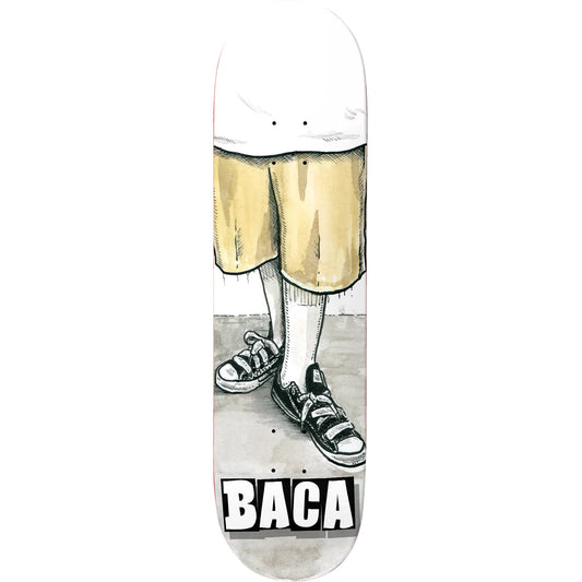 A skateboard deck featuring a graphic illustration of a person's legs wearing beige shorts, white socks, and black sneakers, with the word 'BACA' in bold white letters on a black background at the bottom.