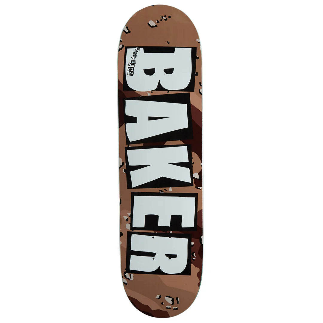 A skateboard deck featuring a brown camouflage pattern with large white 'BAKER' text outlined in black, and a small 'Skate Factory' logo near the top.