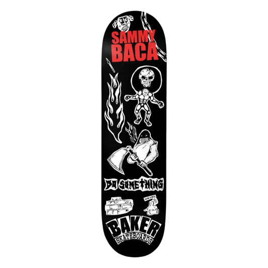 Skateboard deck with graphics and text on a white background