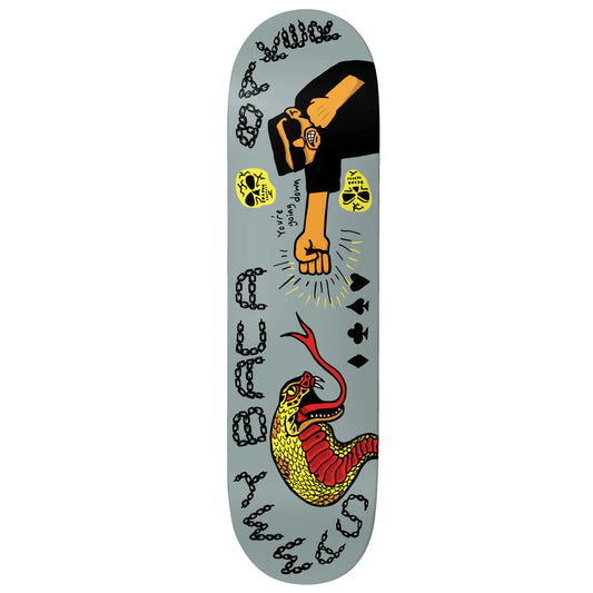 Skateboard deck with artistic design featuring a snake, fist, and symbols on a gray background.