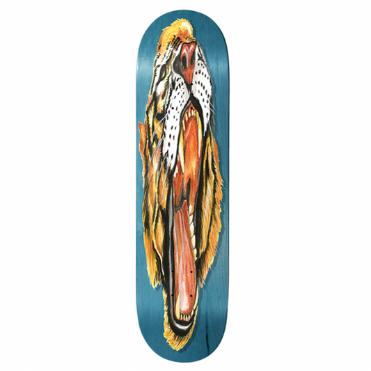Skateboard deck with a colorful tiger design on a white background