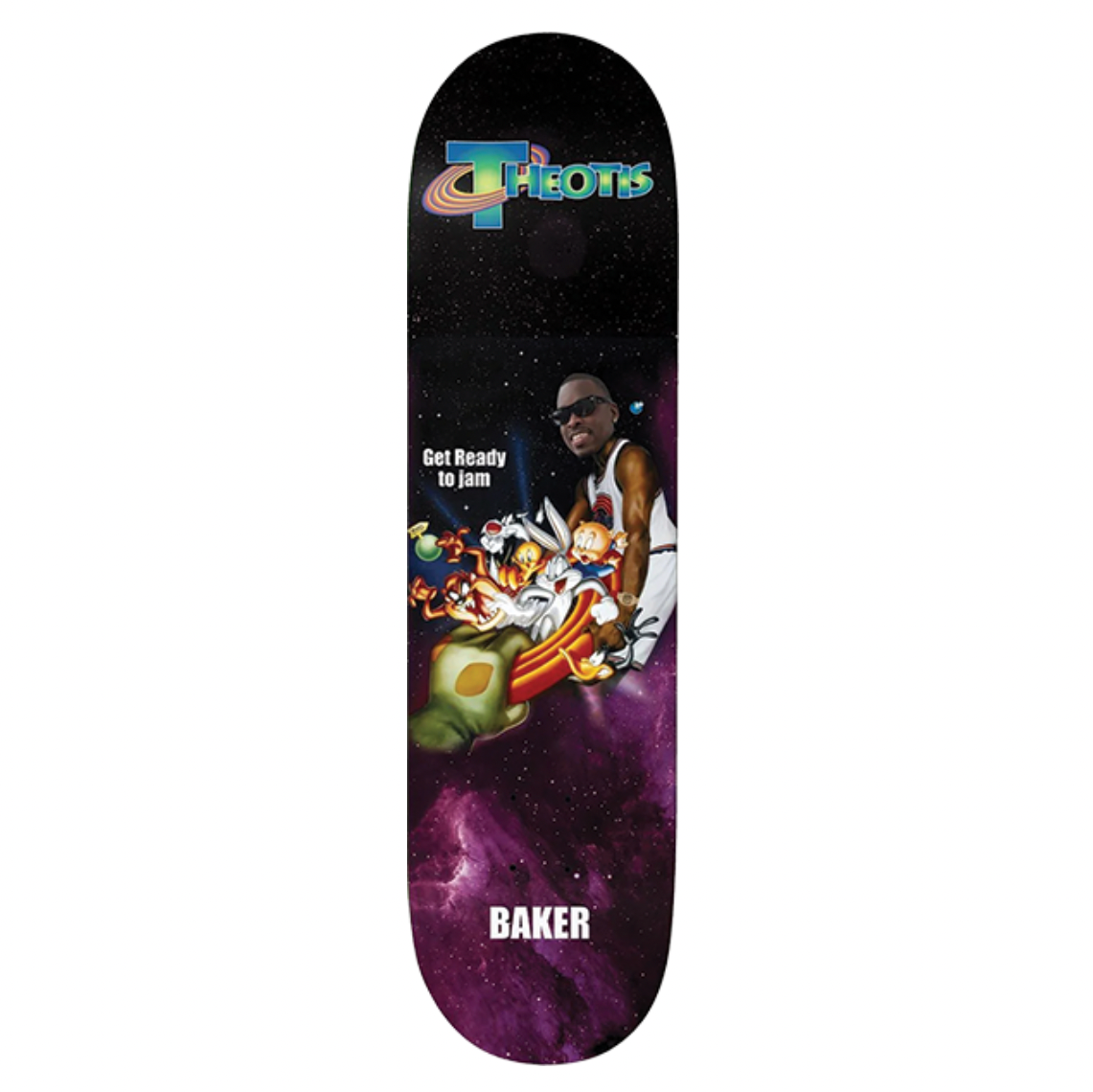 Skateboard deck with colorful design and text on a white background