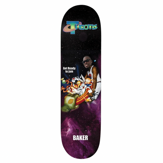 Skateboard deck with colorful design and text on a white background