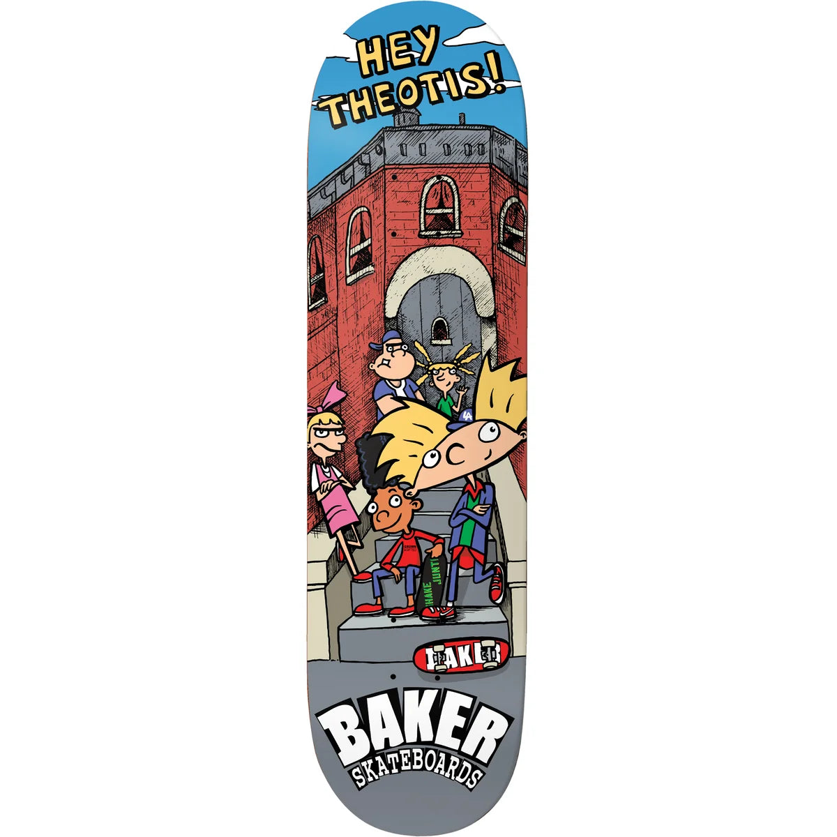 A skateboard deck featuring a colorful cartoon illustration of characters in superhero costumes standing in front of a red brick building, with the text 'HEY THEOTIS!' at the top and 'BAKER SKATEBOARDS' at the bottom.