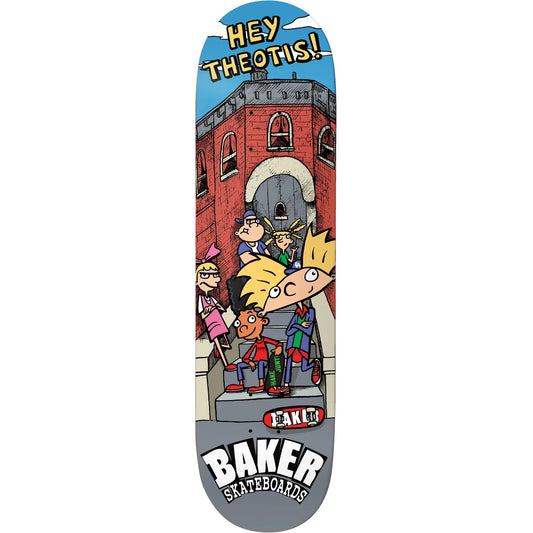 A skateboard deck featuring a colorful cartoon illustration of characters in superhero costumes standing in front of a red brick building, with the text 'HEY THEOTIS!' at the top and 'BAKER SKATEBOARDS' at the bottom.