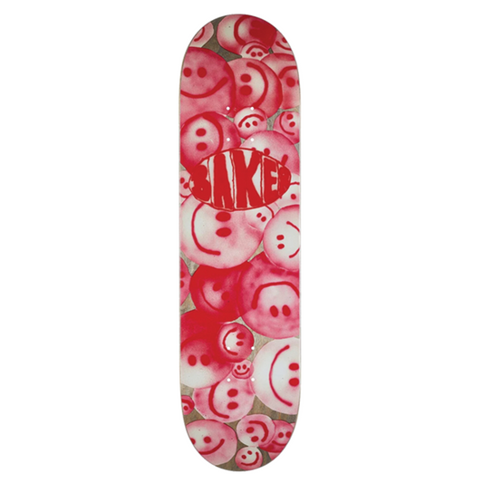 Skateboard deck with a red and white pattern on a white background
