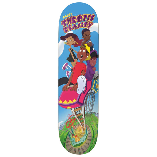 Skateboard deck with colorful illustration of four children on a bike, featuring the text 'Baker Theotis Beasley'.