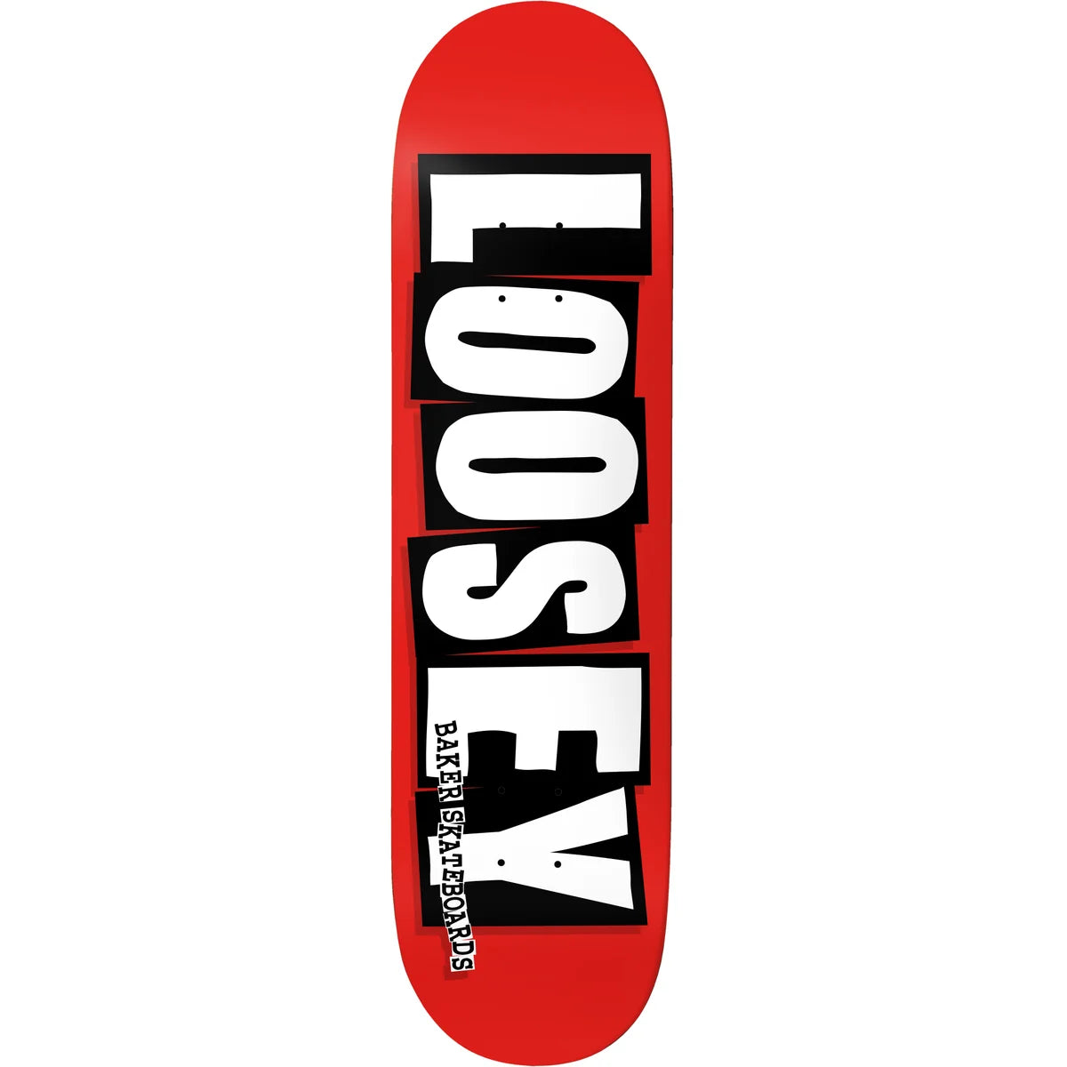 A red skateboard deck featuring a bold black and white graphic with the word 'LOOSEY' in large block letters and 'baker skateboards"' printed vertically in white near the bottom.