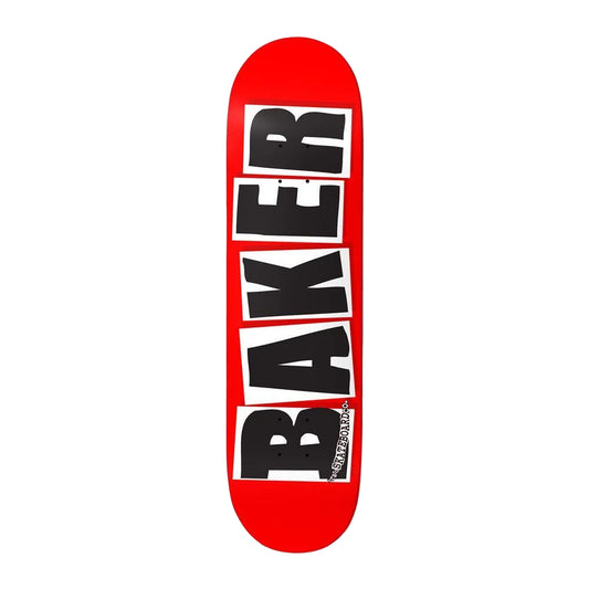 Red skateboard deck with 'Baker' logo on a white background