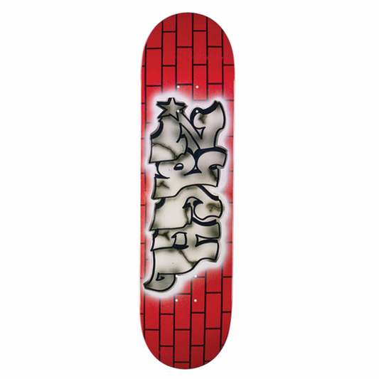 Skateboard deck with red grid pattern and white graphic design on a white background