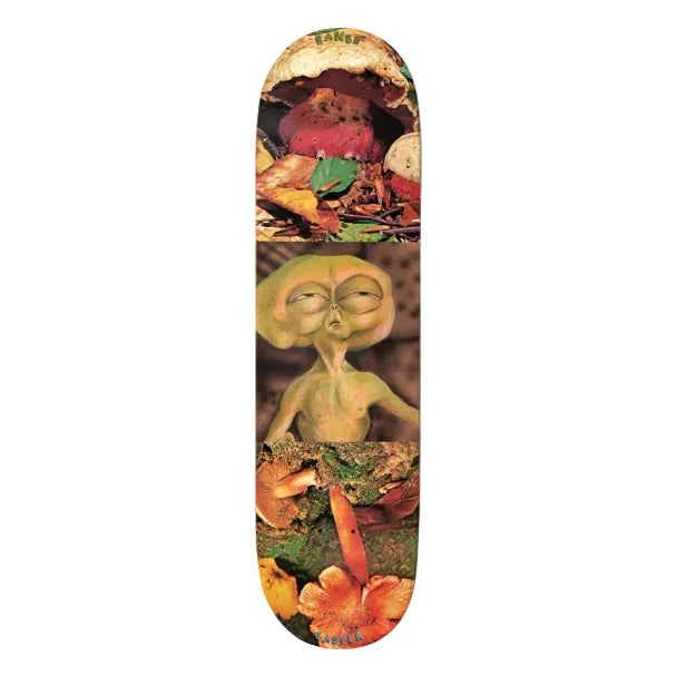 Skateboard deck with a design of an alien and mushrooms on a white background